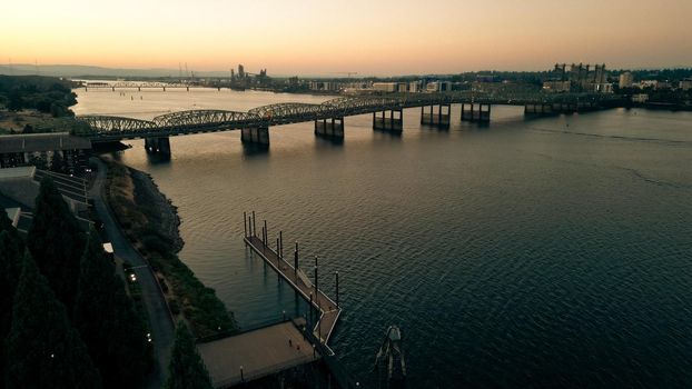 Drone footage of Oregon - Washington Interstate Bridge In Portland and Vancouver over the Columbia River water way