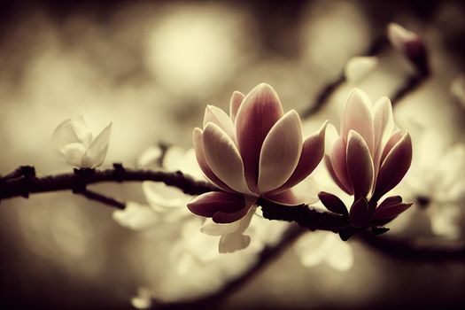 Magnolia blossom emotional dream. Vintage toned photo. Enchanted sad