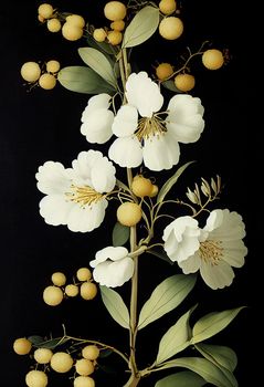 An artistic illustration of creamy white acacia blossoms on black