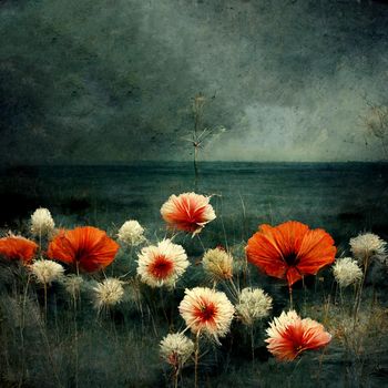 Artistic illustration of flowers waving in the wind in a dark setting