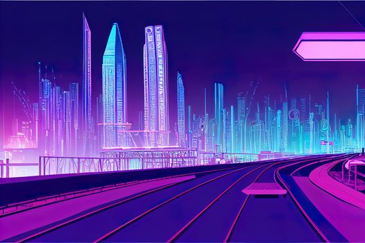 Future metropolis streets night skyline cartoon 2d with illuminated