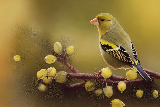European greenfinch Chloris chloris. Small bird with fresh yellow