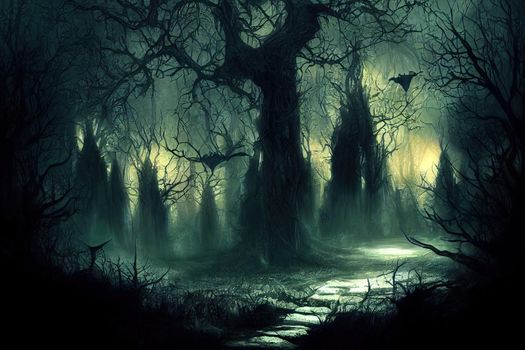 Realistic haunted forest creepy landscape at night. Fantasy Halloween