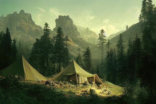 Camp in the mountains among the green hills. The