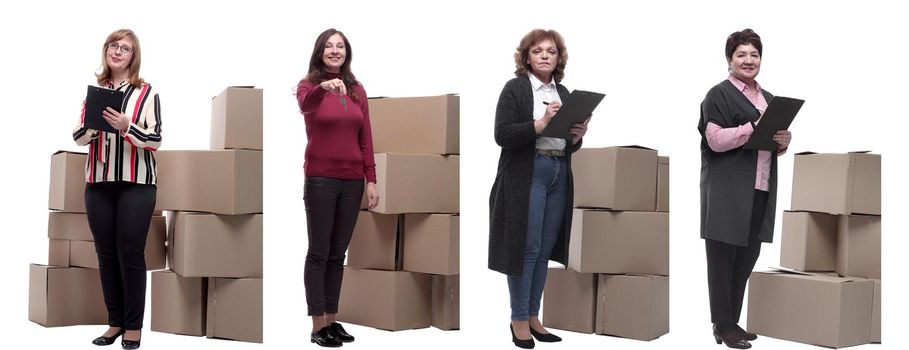 Collage of people lifting heavy cardboard box isolated