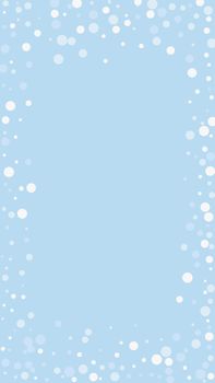 Snowfall overlay christmas background. Subtle flying snow flakes and stars on light blue winter backdrop. Festive snowfall overlay. Vertical vector illustration.