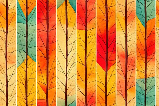 Watercolor autumn mood seamless pattern. Fall trees with colorful
