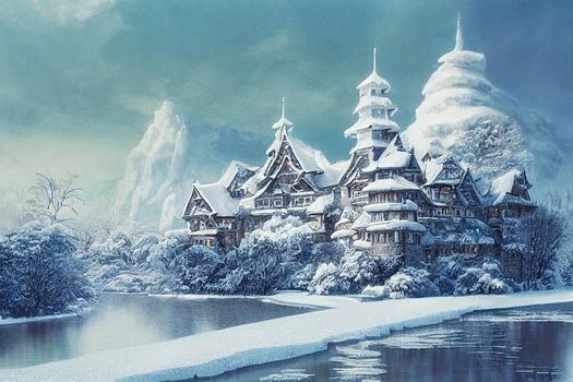Winter castle by the snowy river. Castle on winter