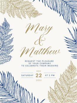 Wedding invitation in vintage engraving botanical style. Vector floral illustration.