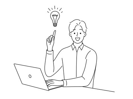 Smiling businessman sit on computer generate creative business idea. Happy male employee with lightbulb work on laptop brainstorm over problem solution. Vector illustration.