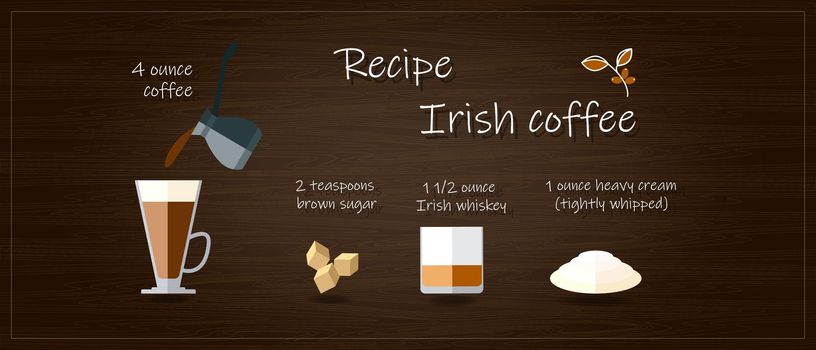 Irish coffee recipe on a textured wooden board background. Coffee sugar cognac cream ingredients.