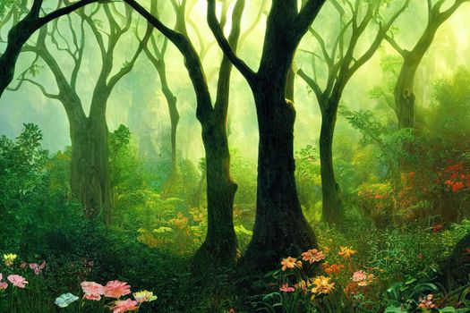 A beautiful enchanted forest with big fairytale trees and