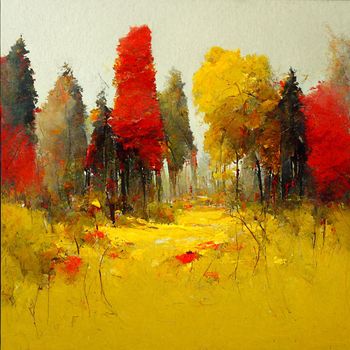Autumn forest landscape. Colorful watercolor painting of fall season. Red and yellow trees. Beautiful leaves, pine trees. 