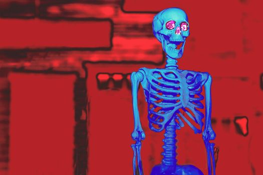 Light blue poisonous halloween skeleton on red