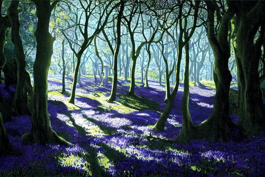 Sun streams through bluebell woods with deep blue purple flowers under a bright green beech canopy. High quality illustration