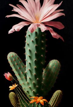 An artistic illustration of a pink cactus flower and its prickly stem