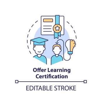 Offer learning certification concept icon. Corporate e training abstract idea thin line illustration. Professional exams. Isolated outline drawing. Editable stroke. Arial, Myriad Pro-Bold fonts used