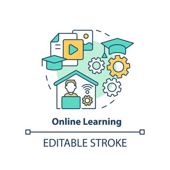 Online learning concept icon. Organizing corporate training event abstract idea thin line illustration. Remote education. Isolated outline drawing. Editable stroke. Arial, Myriad Pro-Bold fonts used