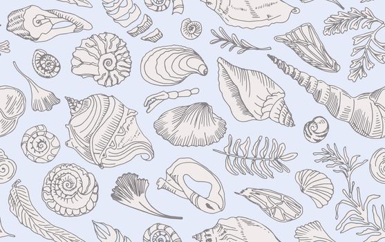 Isolated line art contour seashells and plants Seamless pattern Hand drawn ocean shell or conch mollusk scallop Sea underwater animal fossil Nautical and aquarium, marine theme. Vector illustration