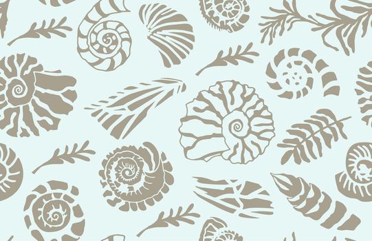 Stencil seashells and plants Seamless pattern Hand drawn art of ocean shell or conch mollusk scallop Sea underwater animal fossil Nautical and aquarium, marine theme. Vector illustration