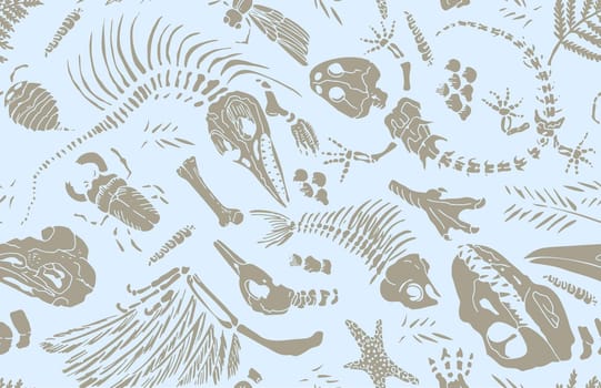 Isolated stencil imprints skeletons of prehistoric animals, insects and plants. Seamless pattern realistic hand drawn art. Vector illustration
