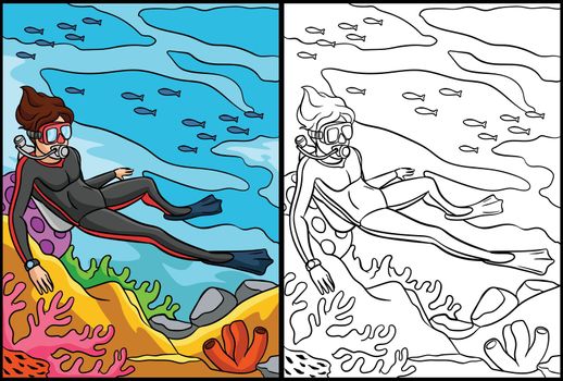 Scuba Diving Coloring Page Colored Illustration