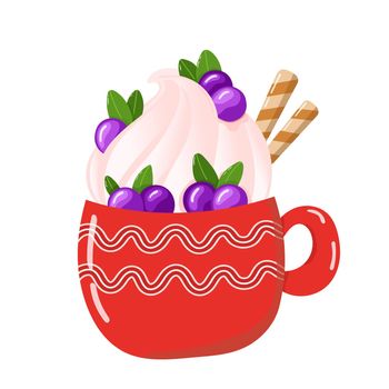 Christmas red cup with Hot chocolate or coffee with whipped cream and waffle rolls. Vector illustrations in cartoon style. Tasty warm drink