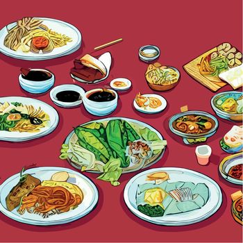 Asian food engraved on the table. Noodle dishes at the top of the view. Food menu design with cooked noodles. vector