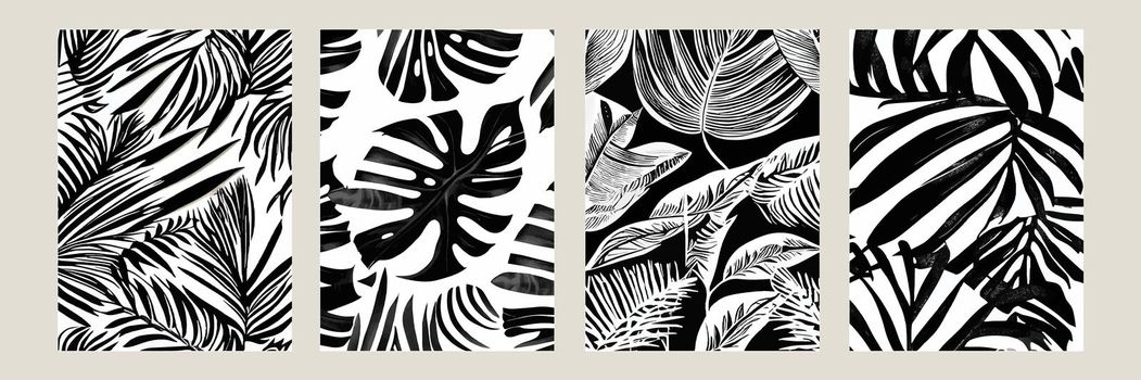 Set exotic leaves seamless pattern black white. Stylish abstract vector decorative background. Tropical palm leaves