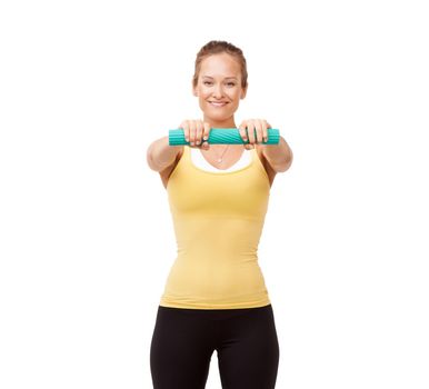 No heavy equipment required. Studio shot of a young woman doing an arm workout isolated on white.