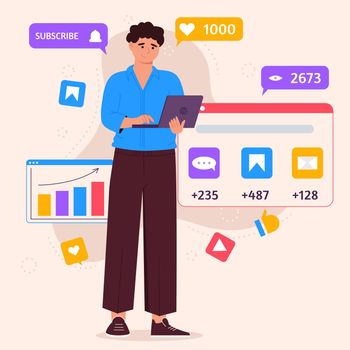 Social media marketing concept with man with laptop and icons of SMM. Young man managing SMM strategy processes. Flat vector illustration.