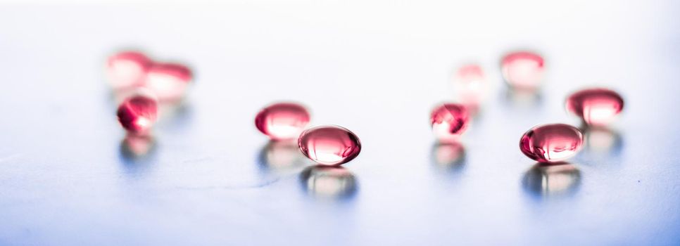 Red pills for healthy diet nutrition, supplements pill and probiotics capsules, healthcare and medicine as pharmacy and scientific research background