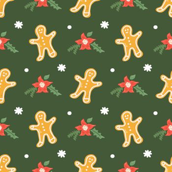 Gingerbread man with snowflakes on green background, vector Christmas seamless pattern