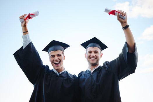 Graduate, success and students in graduation with future secured by education, knowledge and university certificate. Smile, portrait and happy men in celebration of college diploma at school academy