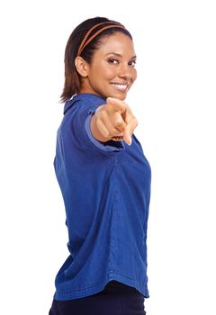 I want you. A beautiful african-american woman pointing at you while isolated on white.