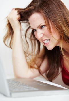 Internet frustration. A frustrated young woman pulling her hair out while working on a laptop.