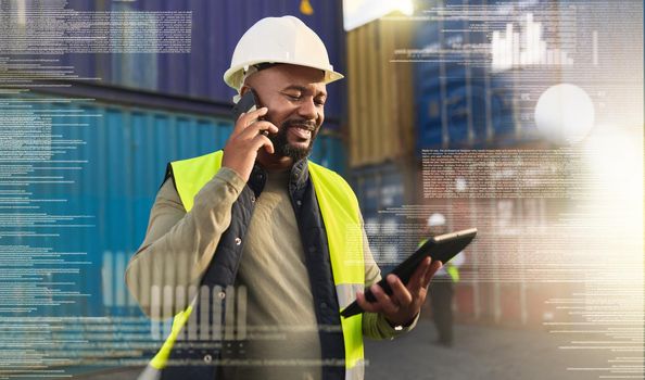 Logistics, supply chain and tablet with a man on call for online order and shipping in a container yard with overlay. Ecommerce, futuristic and communication with a delivery courier at work in export