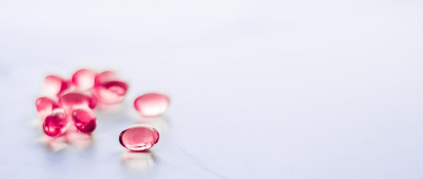 Red pills for healthy diet nutrition, supplements pill and probiotics capsules, healthcare and medicine as pharmacy and scientific research background