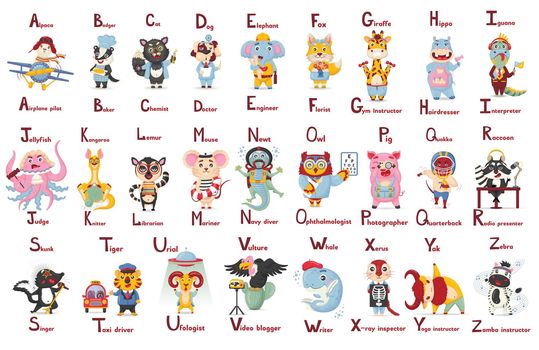 ABC latin alphabet cute animal professions letter a-z in flat cartoon style