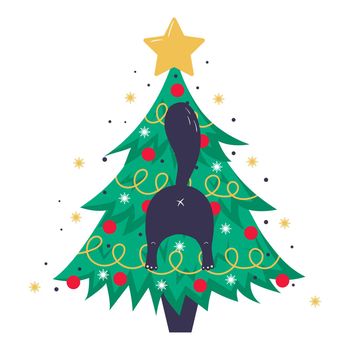 Christmas card, banner or poster template with christmas tree and cute black cat booty sticking out of it