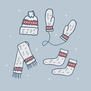 Warm winter clothes, warm hat with pompon winter doodles isolated drawn by line.