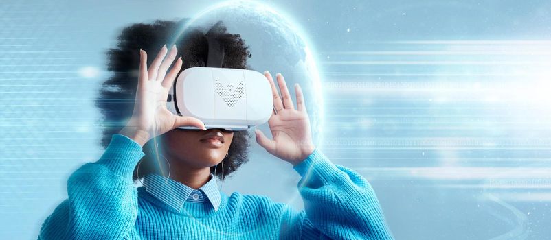 Woman, VR and technology in future metaverse, game or internet connection in the cyberspace. Female with virtual reality headset in 3d, digital and futuristic AI tech for online innovation