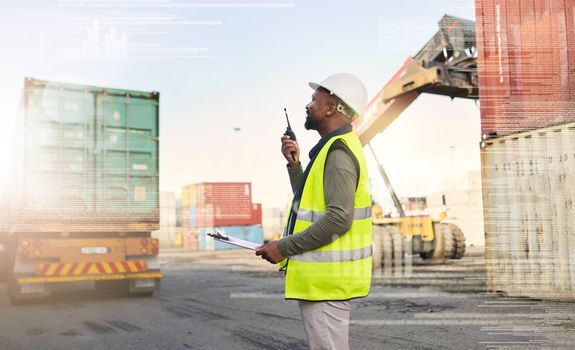 Delivery, logistics and manager in communication with walkie talkie about stock safety inspection for industrial distribution. Black man speaking with supply chain worker at cargo warehouse in Africa