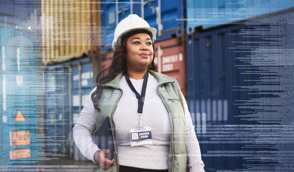Logistics, overlay and black woman in leadership at a shipping supply chain for containers inspection at a port. Proud African female manager working with cargo or stock for worldwide distribution