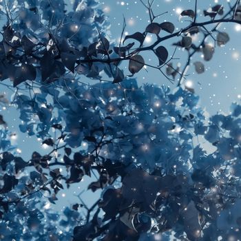 Christmas, New Years blue floral nature background, holiday card design, flower tree and snow glitter as winter season sale backdrop for luxury beauty brand