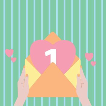 Flat design business Vector Illustration concept Empty copy text for esp Web banners promotional material mock up template Female Human Hand Holding an Open Envelope with Big Heart coming out