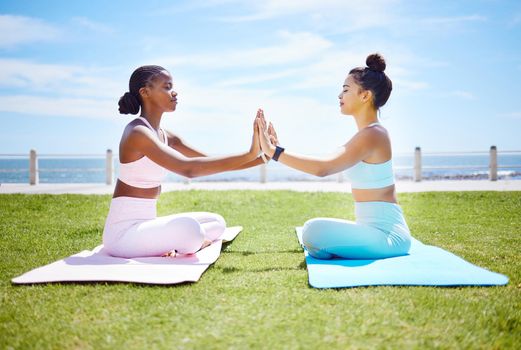 Meditation, relax or zen women in park for wellness, mental health or chakra energy and touching hands by ocean or sea. Friends or yogi people in mind training or holistic breathing for peace mindset