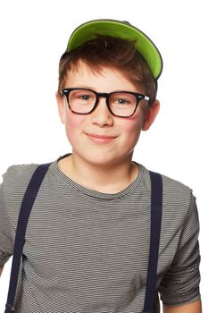 Intelligent and trendy. A teenage boy wearing a hat and glasses.