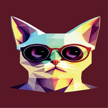 Hand drawn portrait of a cat in a geometric polygon with sunglasses. Vector isolated elements. Cat with glasses. Print design, kids t-shirt print