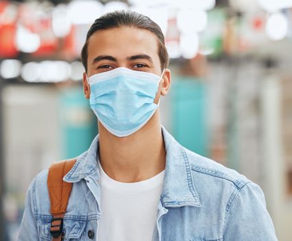 Face mask, covid compliance or man in city, airport or commute travel in government healthcare law. Portrait, student or tourist in covid 19 safety in immigration, medical security or urban traveling